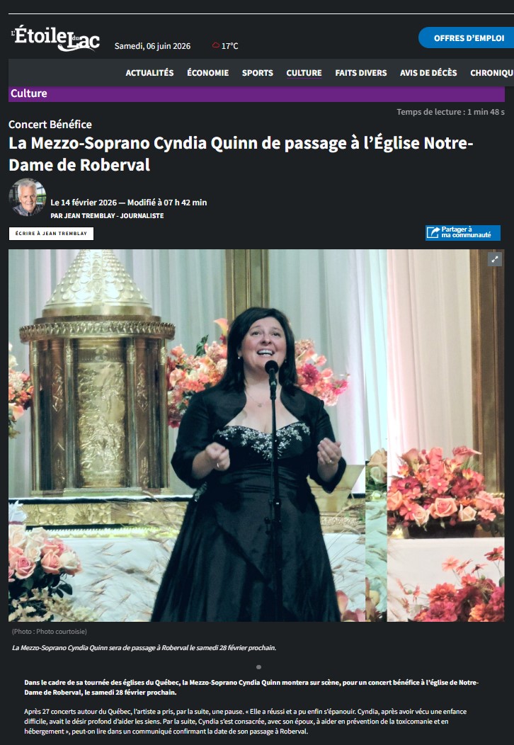 La Mezzo-Soprano Cyndia Quinn de passage à l’Église Notre-Dame de Roberval - L'Étoile Du Lac